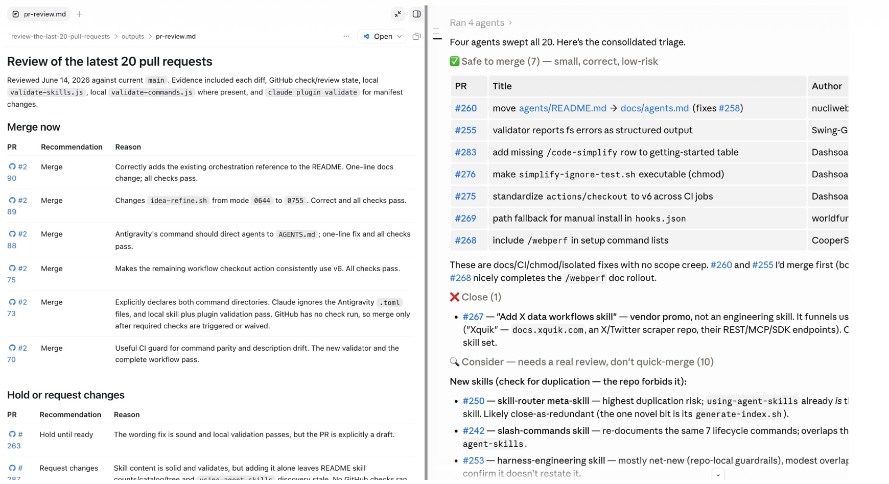 Two panels. On the left, a review of the latest twenty pull requests, each row gives a recommendation of merge, hold, or request changes with a one-line reason. On the right, four agents swept all twenty and produced a consolidated triage: seven safe to merge, one to close, ten to consider, in groups by risk.